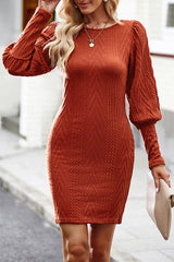 Solid Color Puff Sleeve Knitted Dress