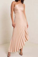 Asymmetrical One Shoulder Pleated Midi Dress