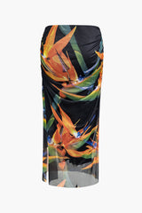 Printed Ruched Slit Maxi Skirt