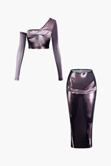 Body Print Asymmetrical Long Sleeve Top And Midi Skirt Set