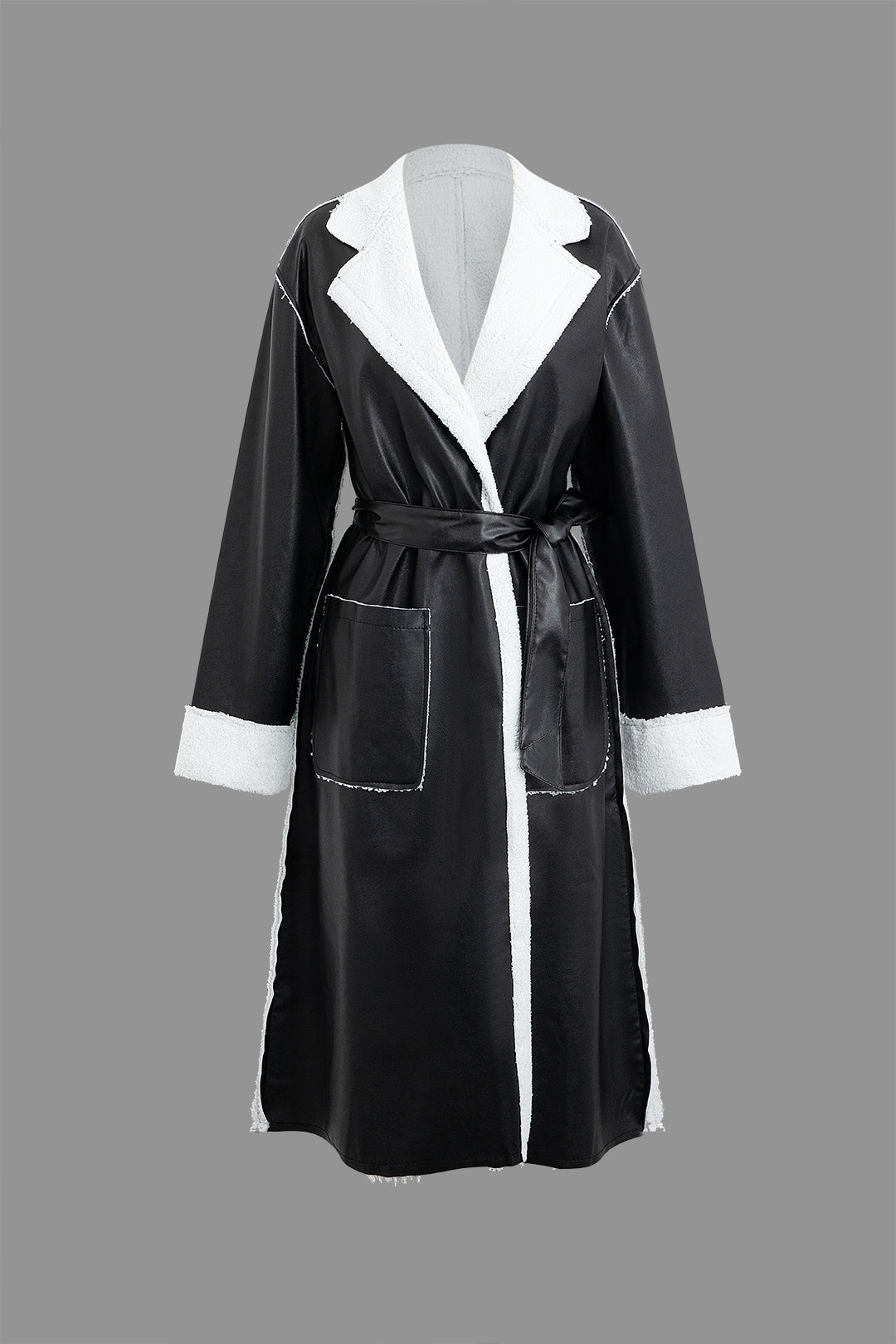 Faux Leather Fleece Notched Lapel Long Sleeve Coat