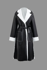 Faux Leather Fleece Notched Lapel Long Sleeve Coat