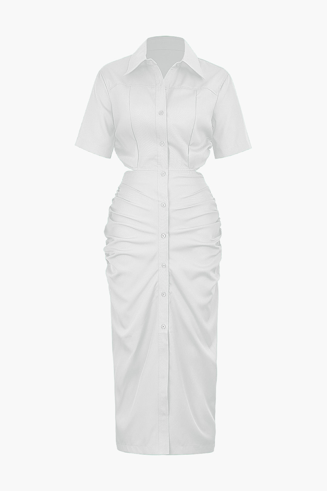 Cut Out Ruched Midi Shirt Dress