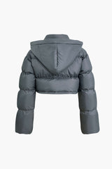 Hooded Tie Zipper Puffer Crop Coat