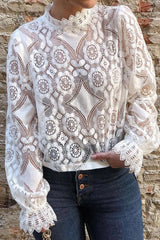 Floral Lace Embroidery Mock Neck Lantern Sleeve Blouse