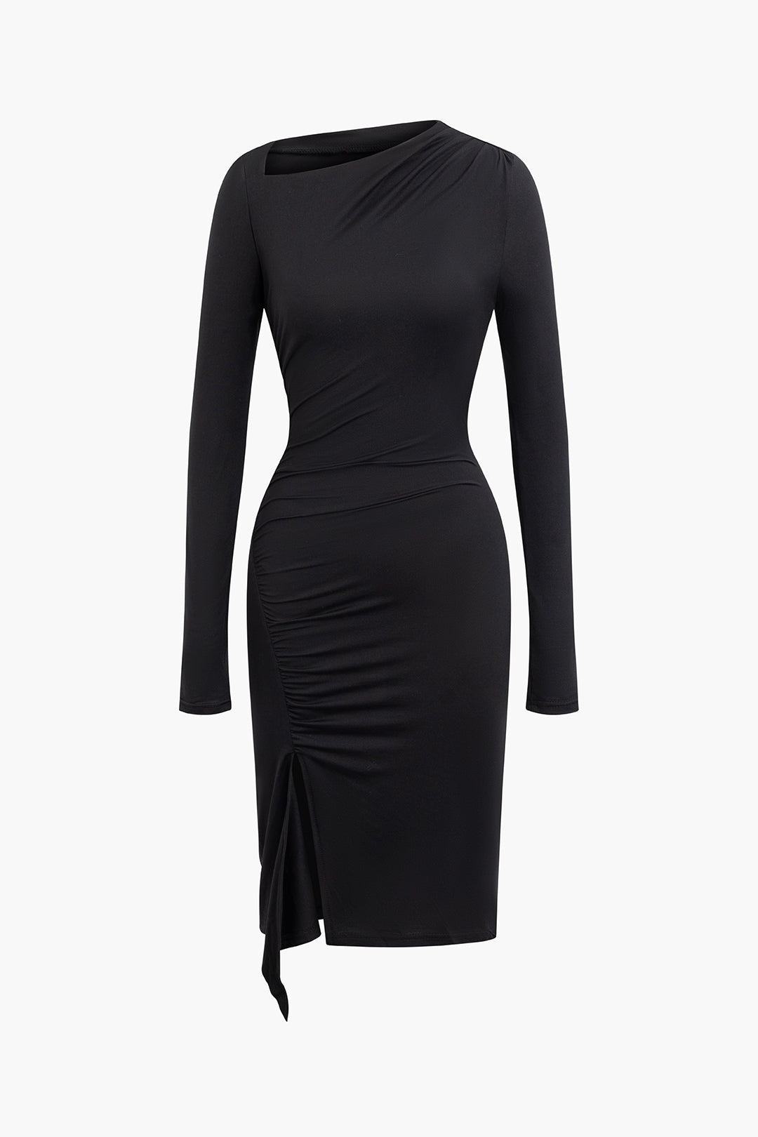 Asymmetrical Neck Slit Ruched Long Sleeve Midi Dress