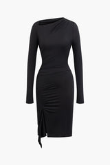 Asymmetrical Neck Slit Ruched Long Sleeve Midi Dress