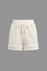 Textured Button Shirt And Drawstring Waist Shorts Set