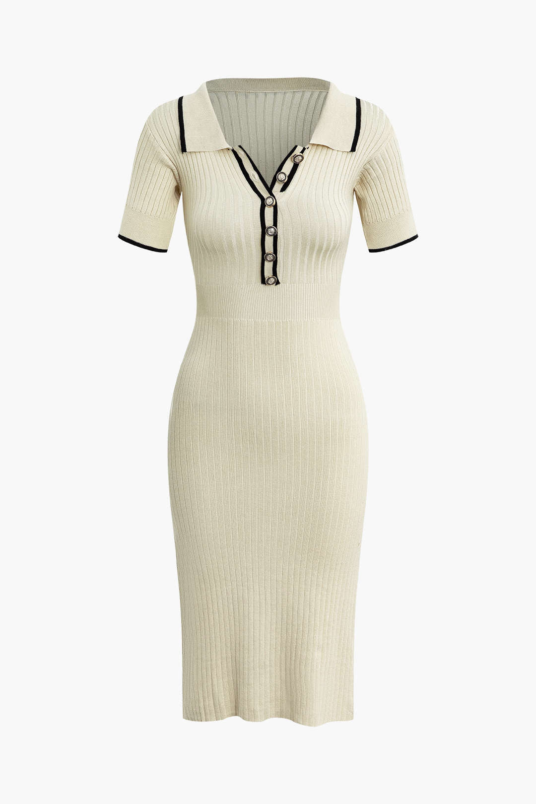 Contrast Trim Collared Rib Knit Short Sleeve Midi Dress