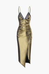 V-neck Metallic Ruched Slit Midi Dress