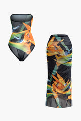 Printed Mesh Strapless Bodysuit And Ruched Split Skirt Set
