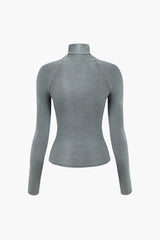 Zipper Mock Neck Stitch Detail Long Sleeve Top