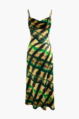 Abstract Print Cowl Neck Satin Asymmetric Midi Dress