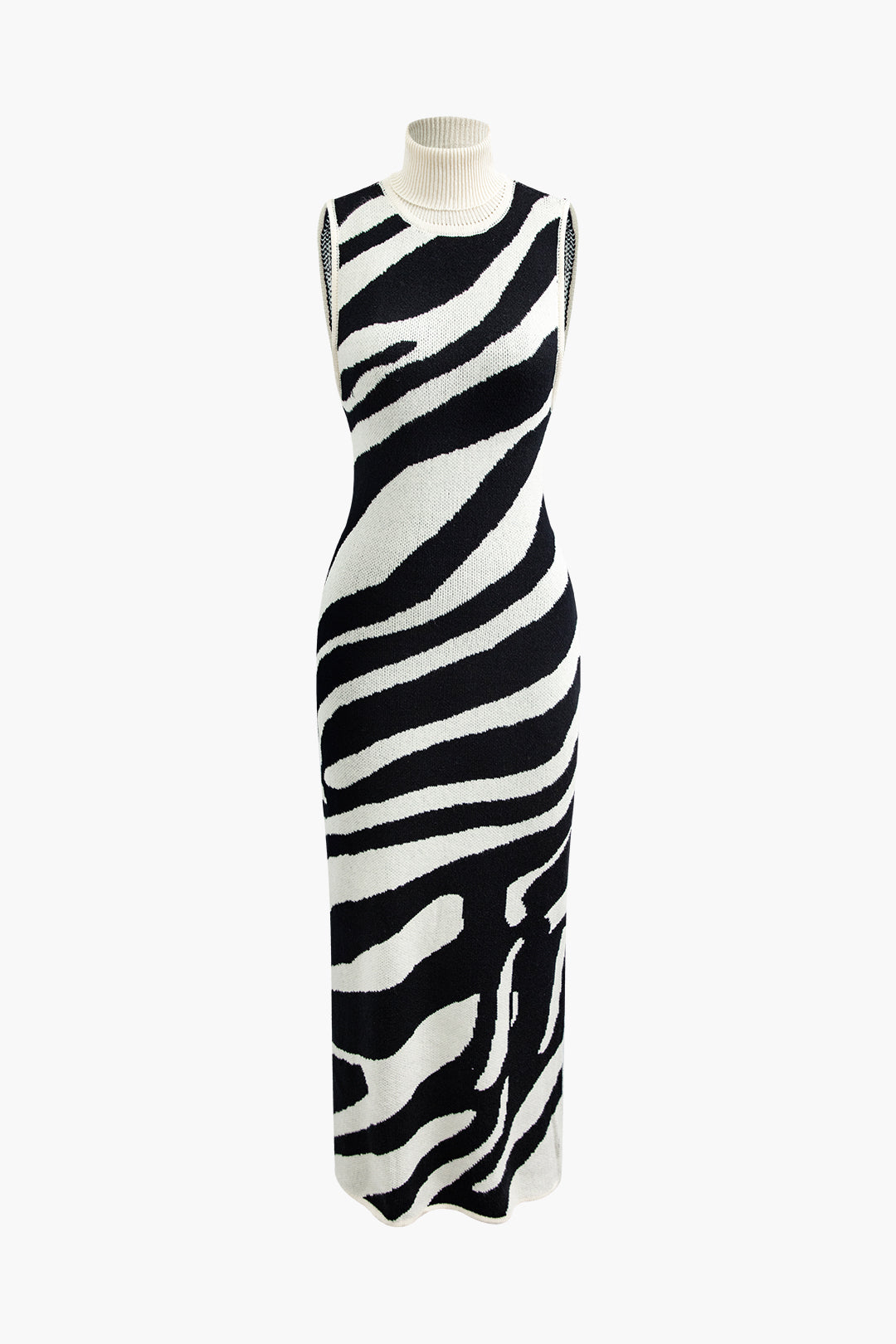 Stripe Knit Turtle Neck Slit Sleeveless Midi Dress