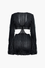 Ruffle Texture Cut Out V-neck Long Sleeve Mini Dress