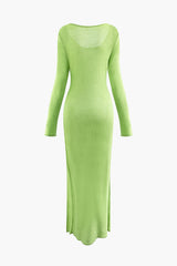 U Neck Long Sleeve Slit Knit Maxi Dress
