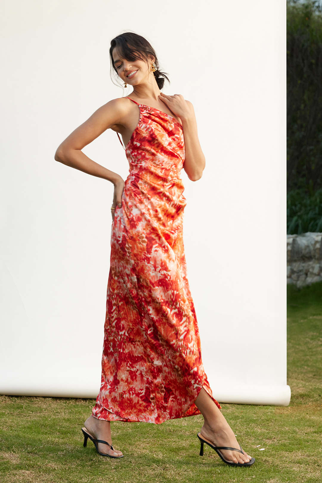 Printed Asymmetrical One Shoulder Slip Drawstring Maxi Dress