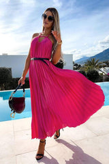 Flowy Halter Smocked Waist A Line Chiffon Pleated Maxi Dress - Rose