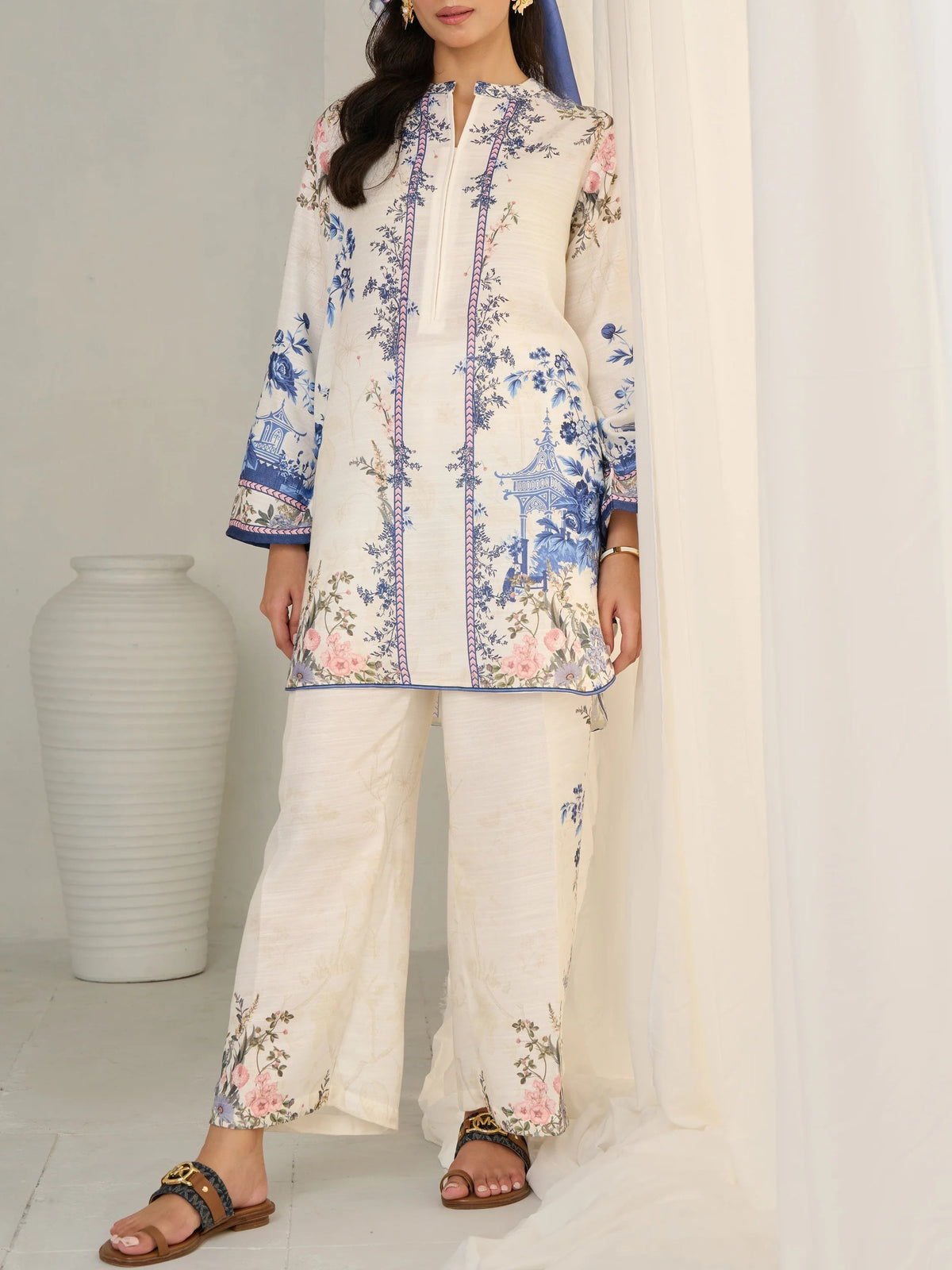 Blue Floral Accents Elegant Ivory Co-ord Set