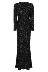 Sparkly Sequin Deep V Shoulder Pad Long Sleeve Split Evening Maxi Dress - Black