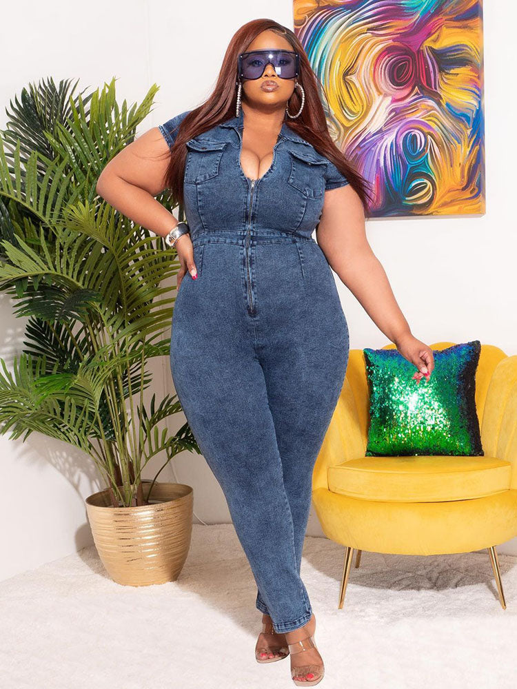 Zipper Turndown Collar Denim Jumpsuits