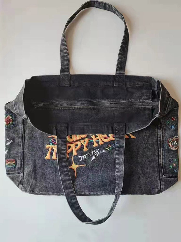 Embroidery Casual Denim Tote Bag