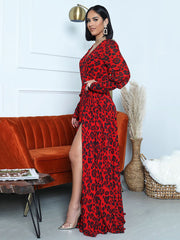 Leopard Print Slit V Neck Long Sleeve Dress
