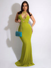 Deep V Neck Tie Backless Bodycon Dress