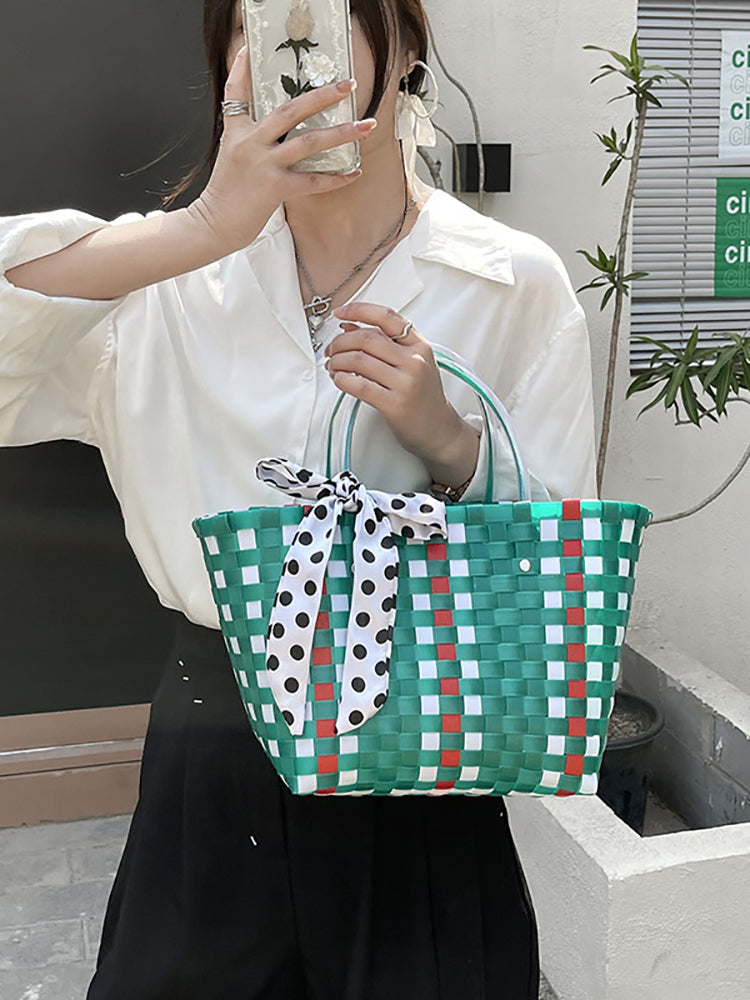 Woven Plaid Pattern Tote Bag