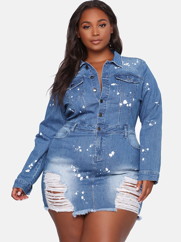 Button Distressed Denim Mini Dress
