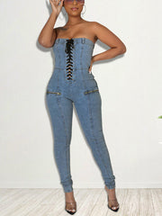 Lace-up Strapless Denim Jumpsuit
