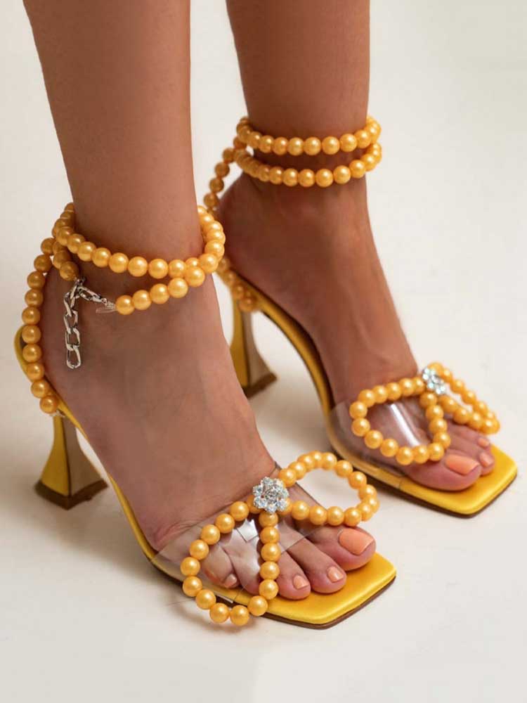 Elegant Square Toe Pearl Bow Heels