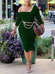 One Shoulder Slit Dress with Chain Belt
