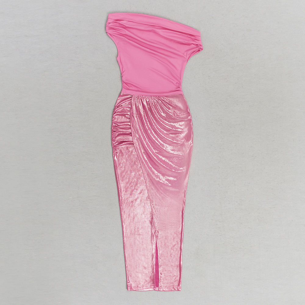 RUCHED SPLIT THIGH DRESS IN PINK