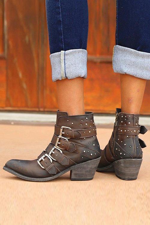 Buckle Zipper Chunky Heel Ankle Boots