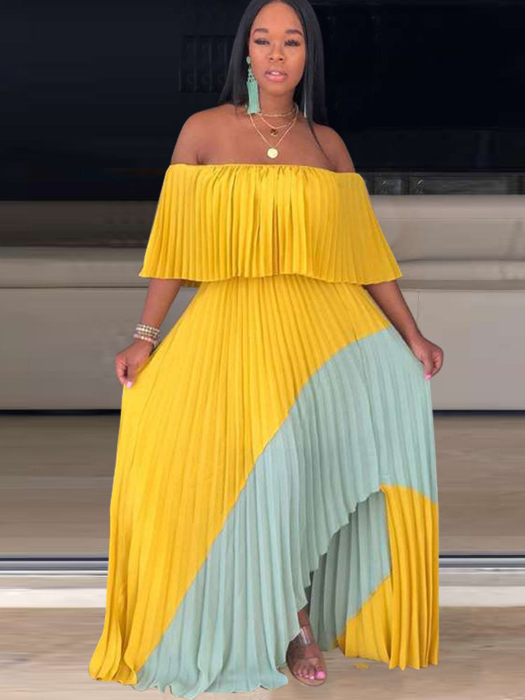Metallic Pleated Off-The-Shoulder Maxi Dress
