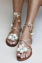Pearl Lace Up Flat Sandals