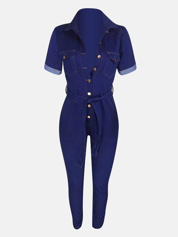 Button Front Pocket Denim Jumpsuit