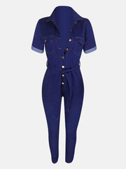 Button Front Pocket Denim Jumpsuit