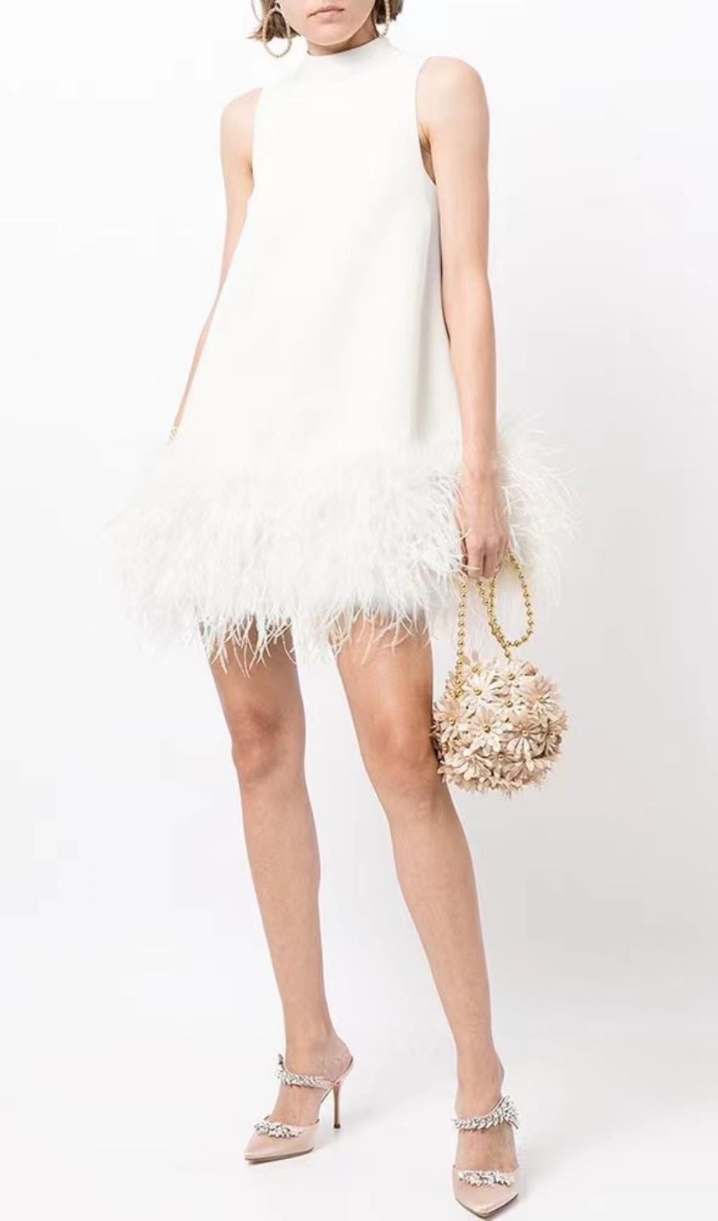 FEATHER MINI DRESS IN WHITE