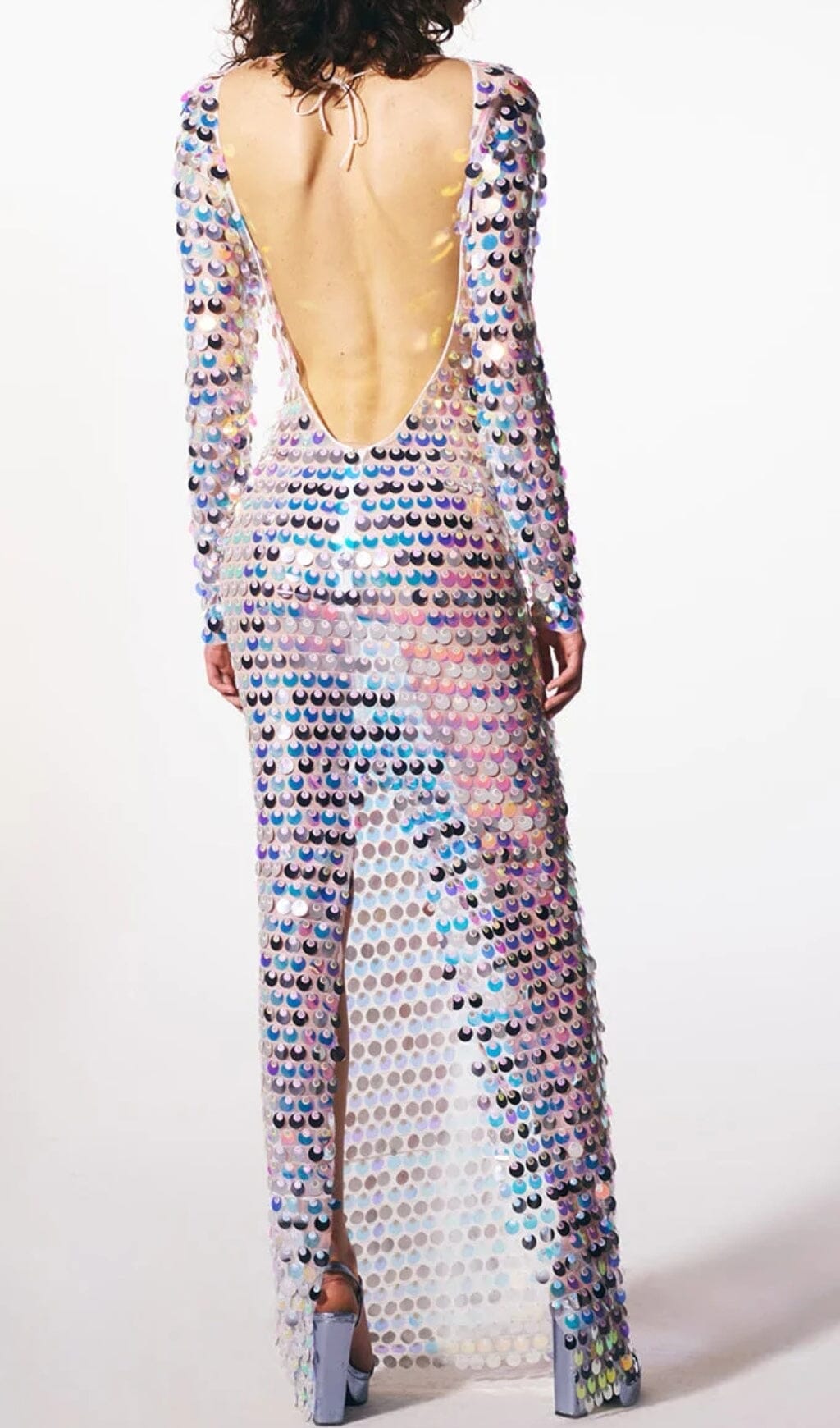 CREWNECK SLIM SEQUIN BACKLESS MAXI DRESS