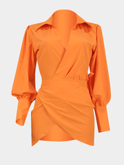 Lantern Sleeve Wrapped Shirt Mini Dress