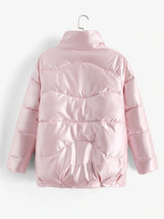 Pockets Zip Up Wet Look Puffer Coat