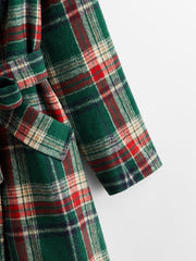 Notched Collar Double Button Belted Tartan Pea Coat