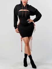 Long Sleeve Hoddie Drawstring Mini Dress