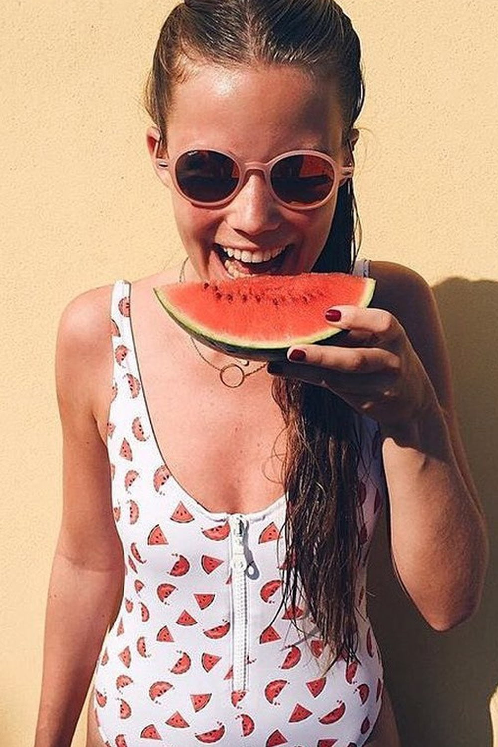 Watermelon Print Zipper Up One Piece Swimsuit