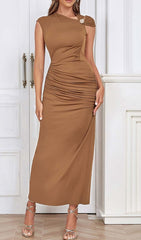 RUCHED SATIN MIDI DRESS IN BROWN