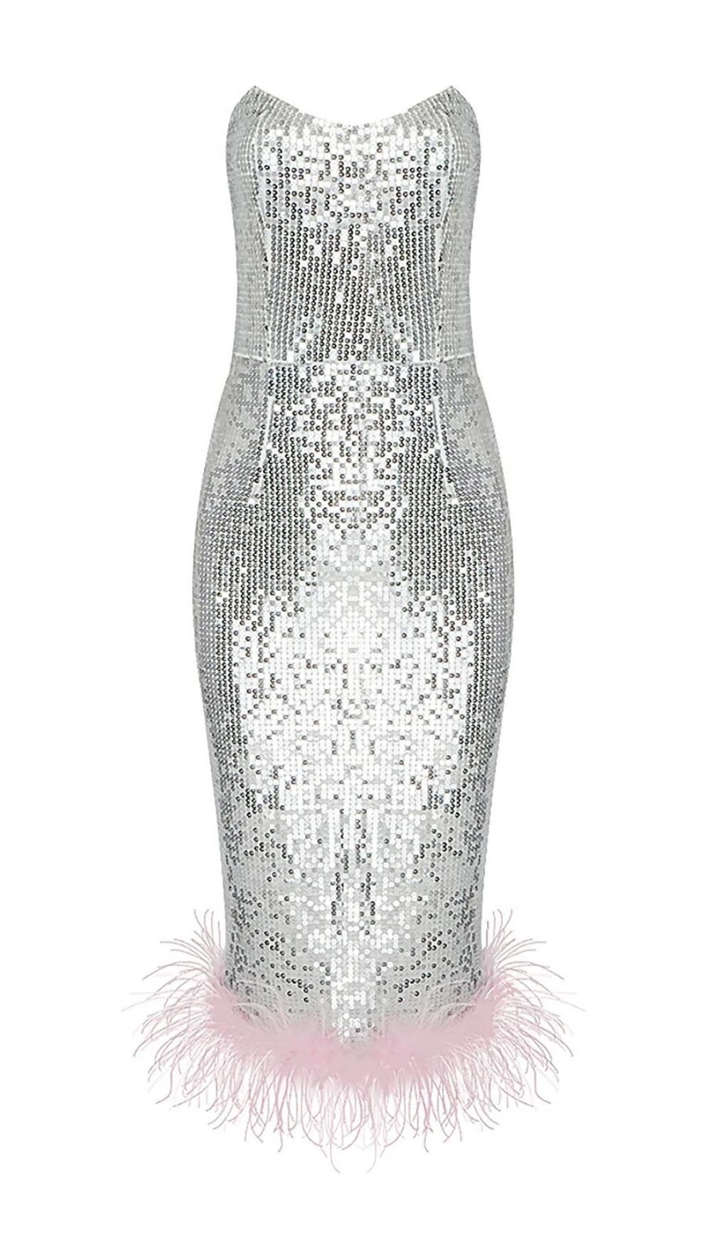 STRAPLESS SEQUIN FEATHER MIDI DRESS IN SILVER