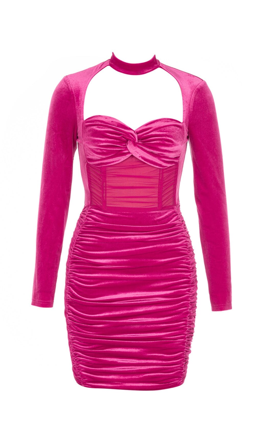 HANGING NECK MESH STITCHED VELVET MINI DRESS IN BARBIE PINK