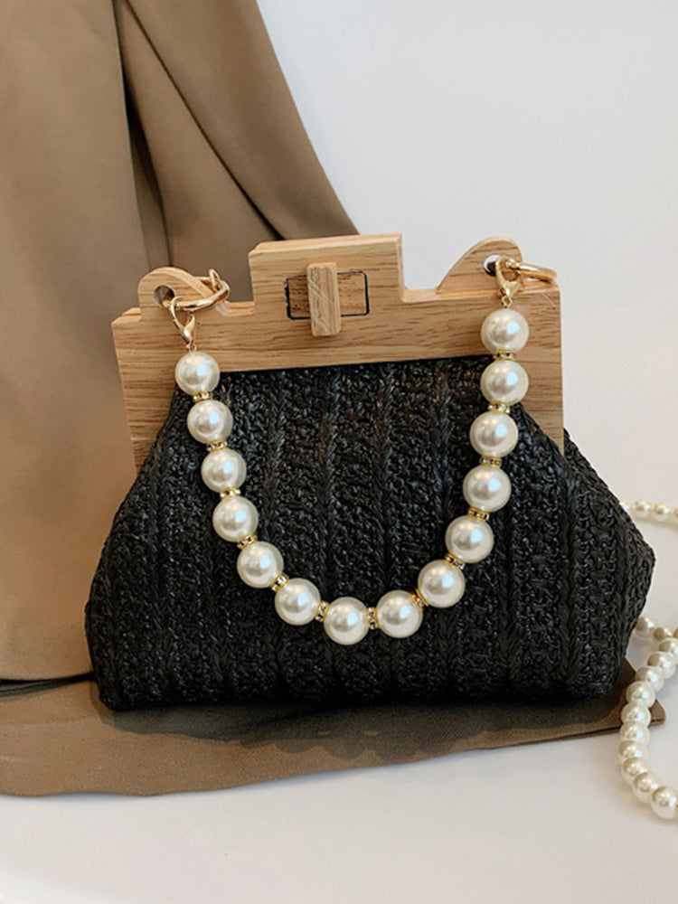 Pearl Decor Twist Lock Straw Bag